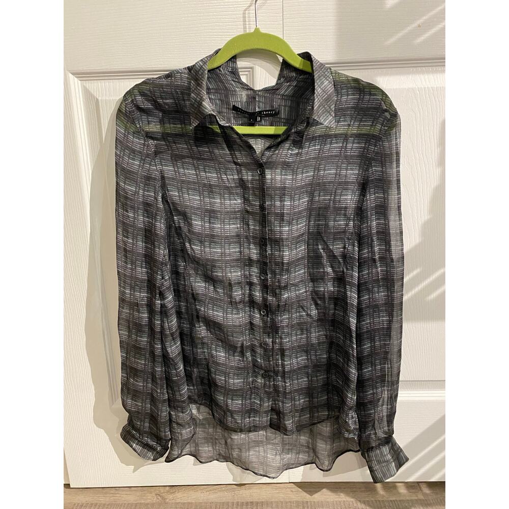 Theyskens' Theory Sheer Silk Plaid Button Down Blouse Small